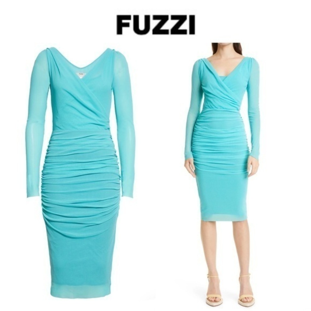 FUZZI Ruched Long Sleeve Body-Con Dress in Blue XS 525$